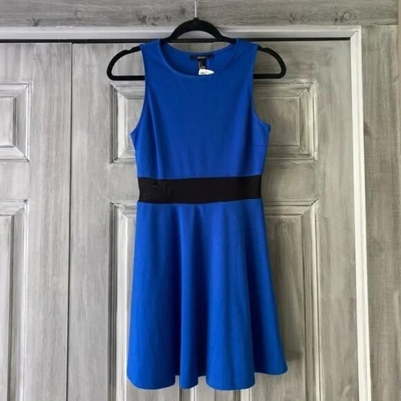 NWT Forever 21 Royal Blue Sleeveless Mini Dress -Black Net Insert at Waist Sz S - Picture 1 of 6